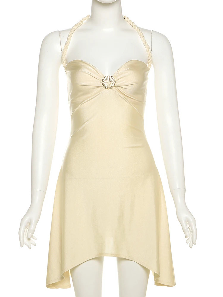 Weird Puss Shell Metal Satin Dress Women Y2K Plait Halter Sexy Low-Neck Irregular Backless Sleeveless Ruched Summer Mini Bodycon 250715