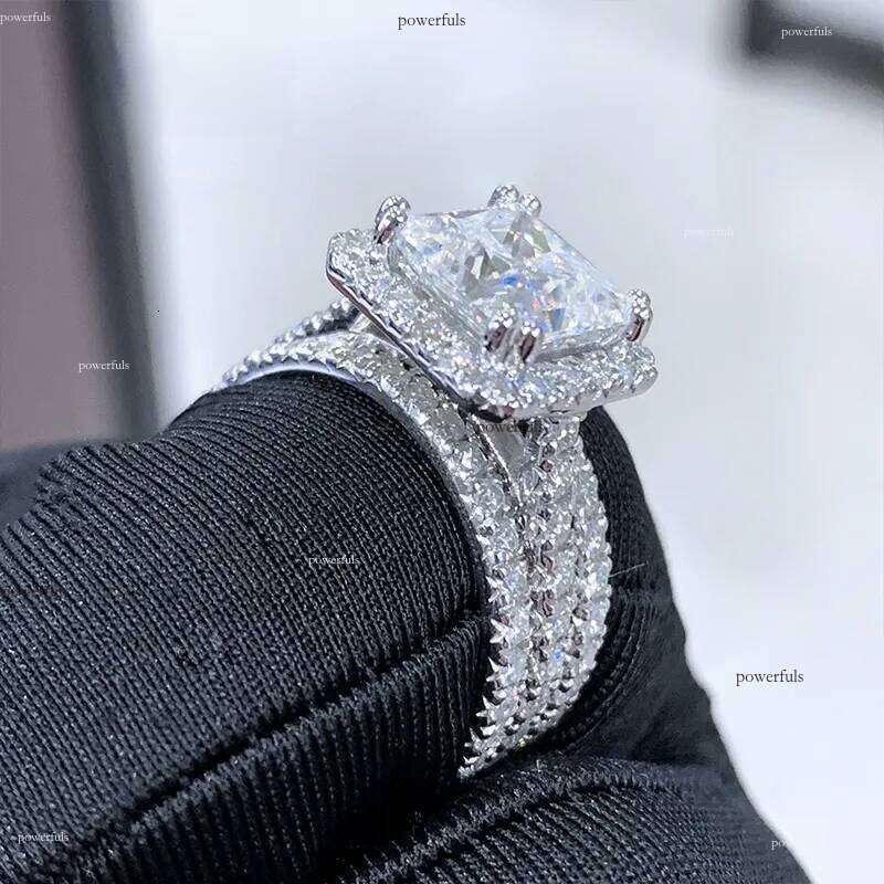 Cadermay sier 3ct square princess cut vvs moissanite halo pave stacking engagement wedding ring set for women