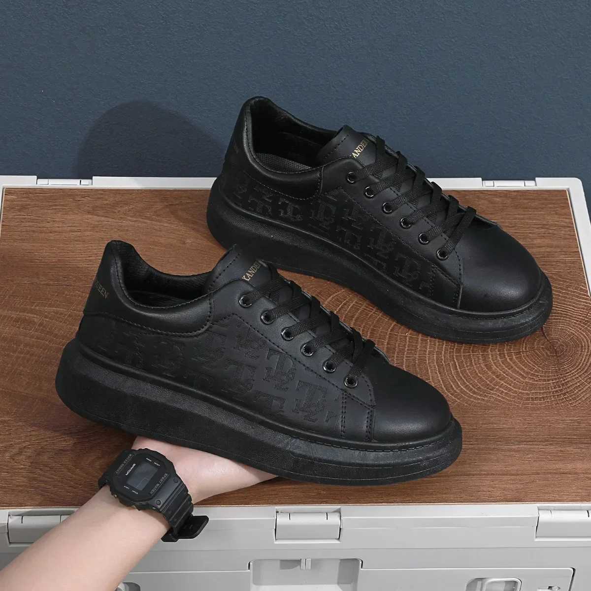 2025 New Mens Leather Casual Shoes Lace-up Thick Sole Casual Sneakers Versatile Leather Muffin Shoes Elevated Male Board Footwear W250716