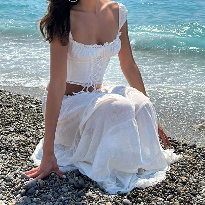 2025 Spring Summer Women Beach Party Suits WhereMery Elegant Off Shoulder Square-neck Sleeveless Crop Tops and Loose Long Skirts R250716