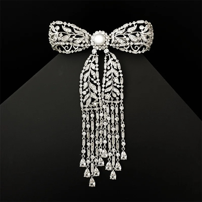 Elegant Hollow Out Tassel Bow Knot Brooch Shiny Zircon Freshwater Pearl Exquisite Zircon Bowknot Broochpins Womens Corsage 250712
