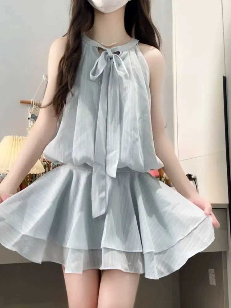 2025 Summer New Korean Blue Tie-fitting Neck Dress for Women College Style Waist-hugging and Slimming A-line Short Skirt R250716