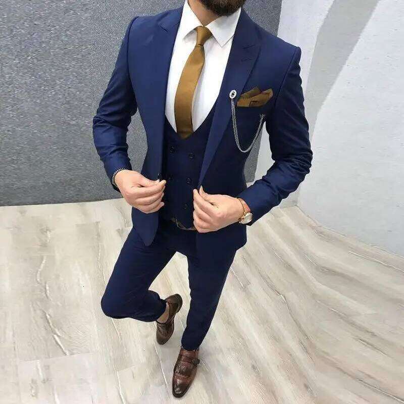 Solid Wedding Men 3 Piece Formal Groom Tuxedos For Prom Party Male Suits Fashion Clothing Set Jacket With Pants Vest