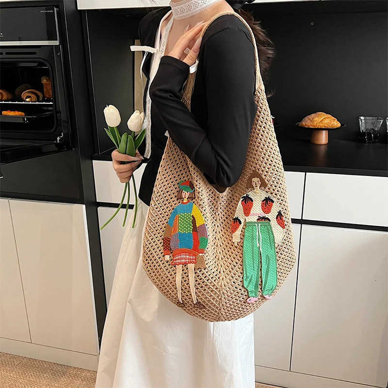 2025 New Fashion Korean Womens Woven One-shoulder Underarm Bag Large Capacity Commuter Beach Bag Hand-held Net Bag Womens Bag M250716