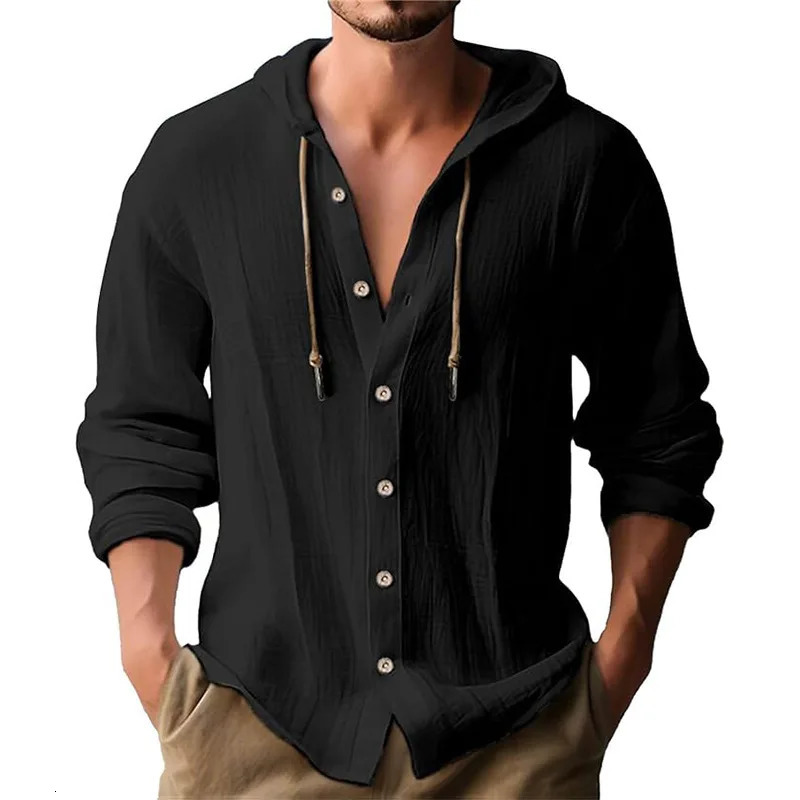 Mens solid color casual shirt hooded drawstring cotton and linen cardigan trendy and versatile loose beach T-shirt 250716
