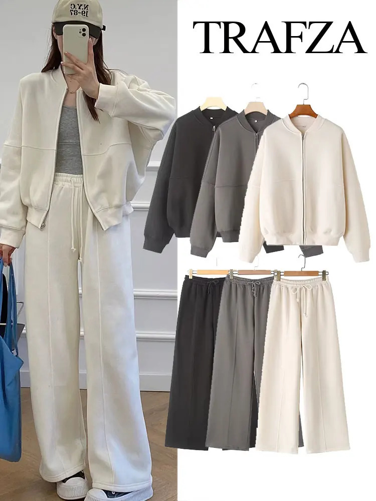 TRAFZA Womens 2-piece Retro Solid Color Zipper Bomber Jacket Sweatshirt High-waisted Lace-up Womens Loose Velvet Pants Suit 250715