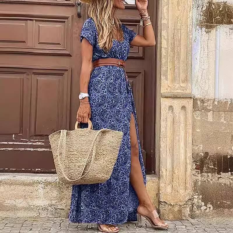 2024 Independent Station Hot Sale WISH Fashionable Bohemian Style V-Neck Floral Dress European And American Market Trend dongdumaoyi