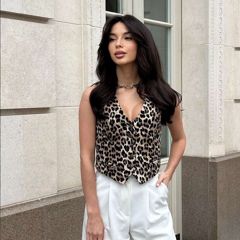 Summer New American Style Slim Fit Pure Cotton Top Hot Girl Leopard Print Vest B5