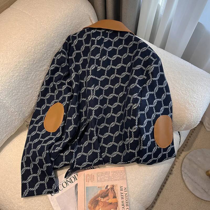 WTHT Trendy Women's Knit Print Patchwork Leather Denim Coat 2024 Autumn Fashion Lapel Long Sleeves Jacket Female 1Ls128