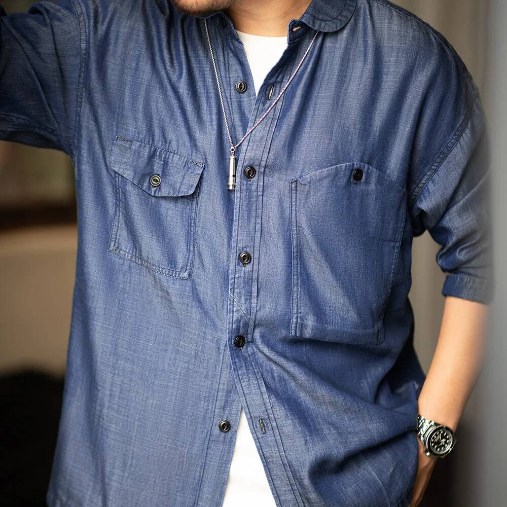 Maden 2025 Autumn Men's Vintage Tencel Denim Shirts Ameki Lycra Long Sleeve CPO Shirt Jacket Uncle Fu Brand Jean Blouse