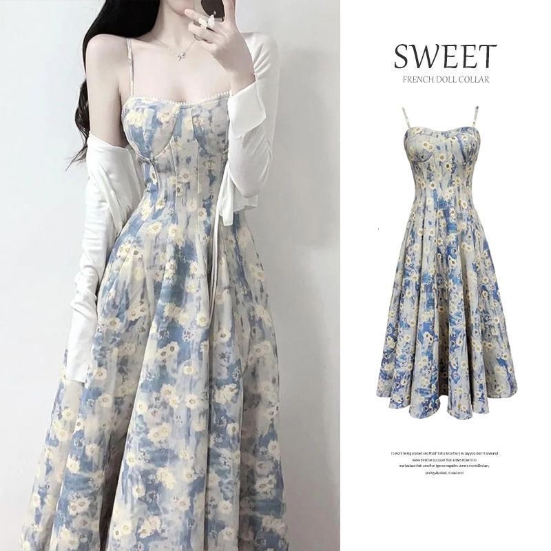 2025 2024 Summer New French Style Blue Oil Painting Design Fairy Floral Strap Dress for Women Gentle Waist-Cinching Long