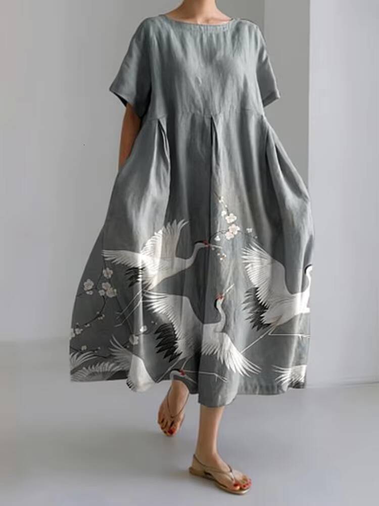 Summer Retro Japanese Womens Casual Short-sleeved Extra-long Fish Print Loose Round Neck High Waist Wide Hem Dress dongdumaoyi