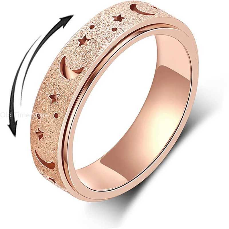 Stainless Steel Ring Fashion Simple Hollow Frosted Star Moon Ring Rotatable Decompression Ring S250716