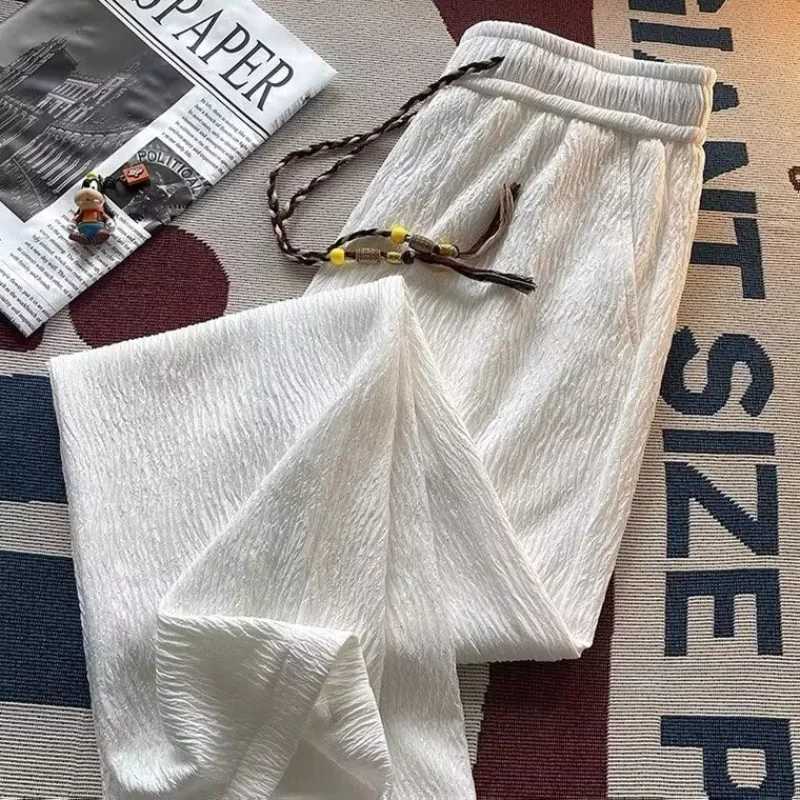 Ice Silk Casual Pants Men Thin Sport Straight Sweatpants Linen White Loose Fold Ankle-Length Walking Trousers Male y250716