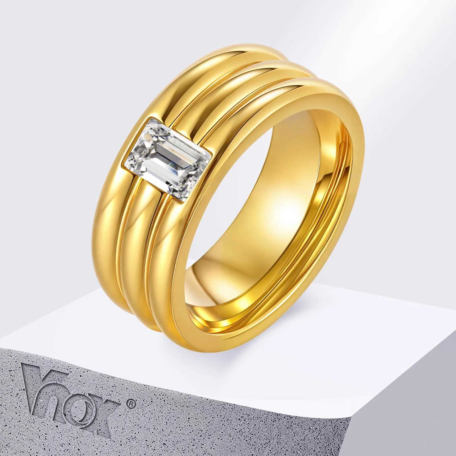 Vnox Three-layer Rectangular White Zircon Golden Ring Stainless Steel Engagement Rings for Men Women Thick Band Anniversary Gift S250716