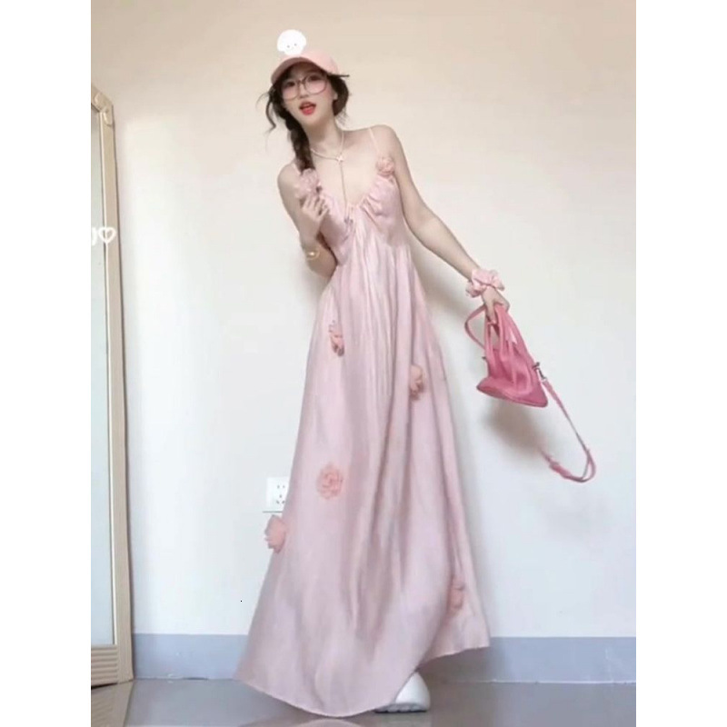 2025 Plus Size French Style Pink Floral Backless Strap Dress Summer New Stunning Slimming Long Tummy Covering