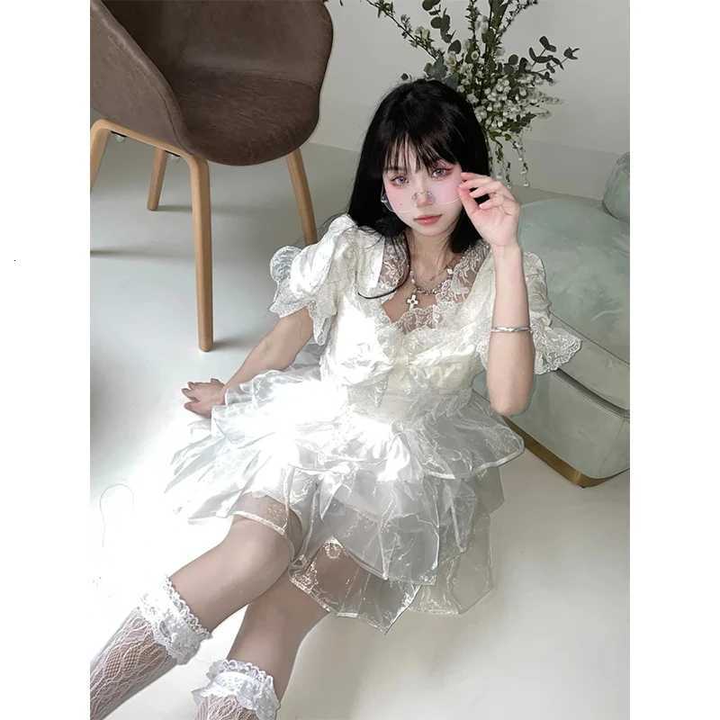 100% Cotton White Bow Mini Dress Women Japanese Lolita Party Lace Ruffles Dresses Summer Fairy Korean Elegant Bodycon Dresses R250716