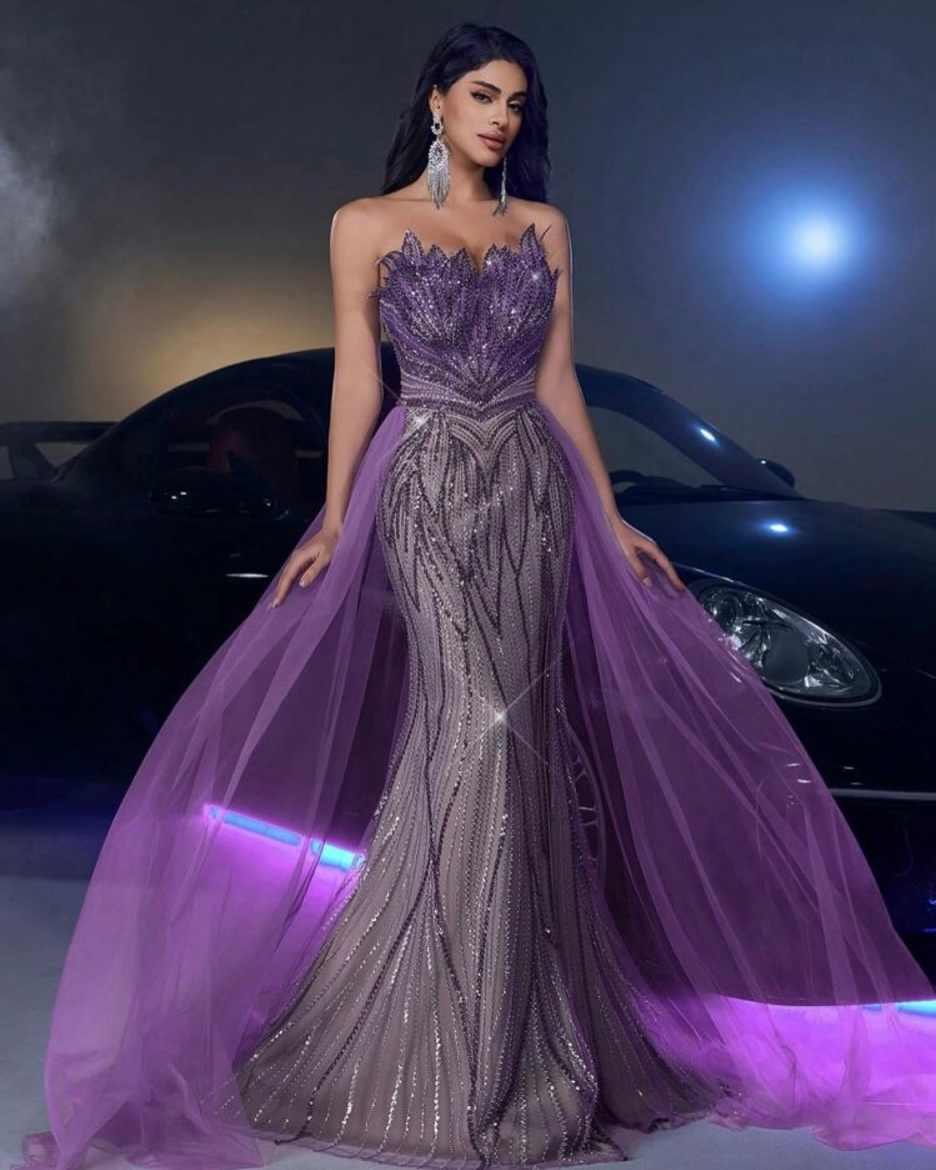 Classic Prom Dress Sequined Appliques Prom Gowns Full Sleeve Split Satin Evening Dress Sweep Train Robes De Mariee Plus Size Customized L251544