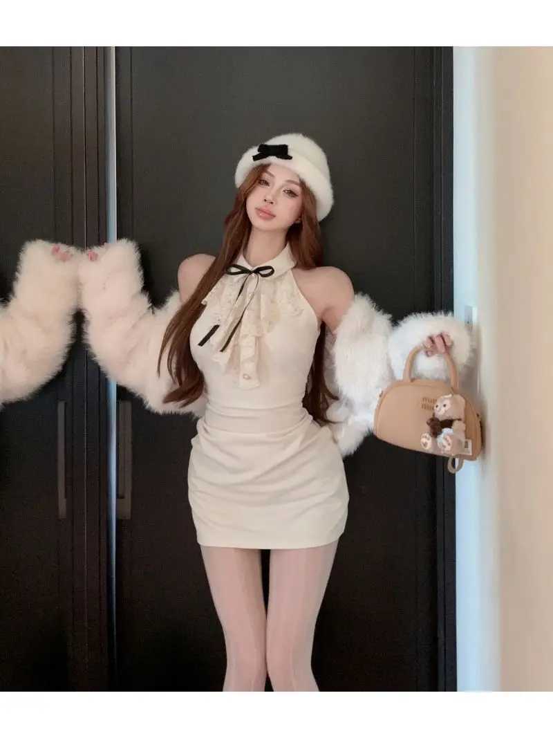 Kimotimo Hotsweet Y2k Dress Women Lace Splicing Bow Halter Waist Slim Fit Hip Mini Dresses Fashion Birthday Party Dress Summer R250716