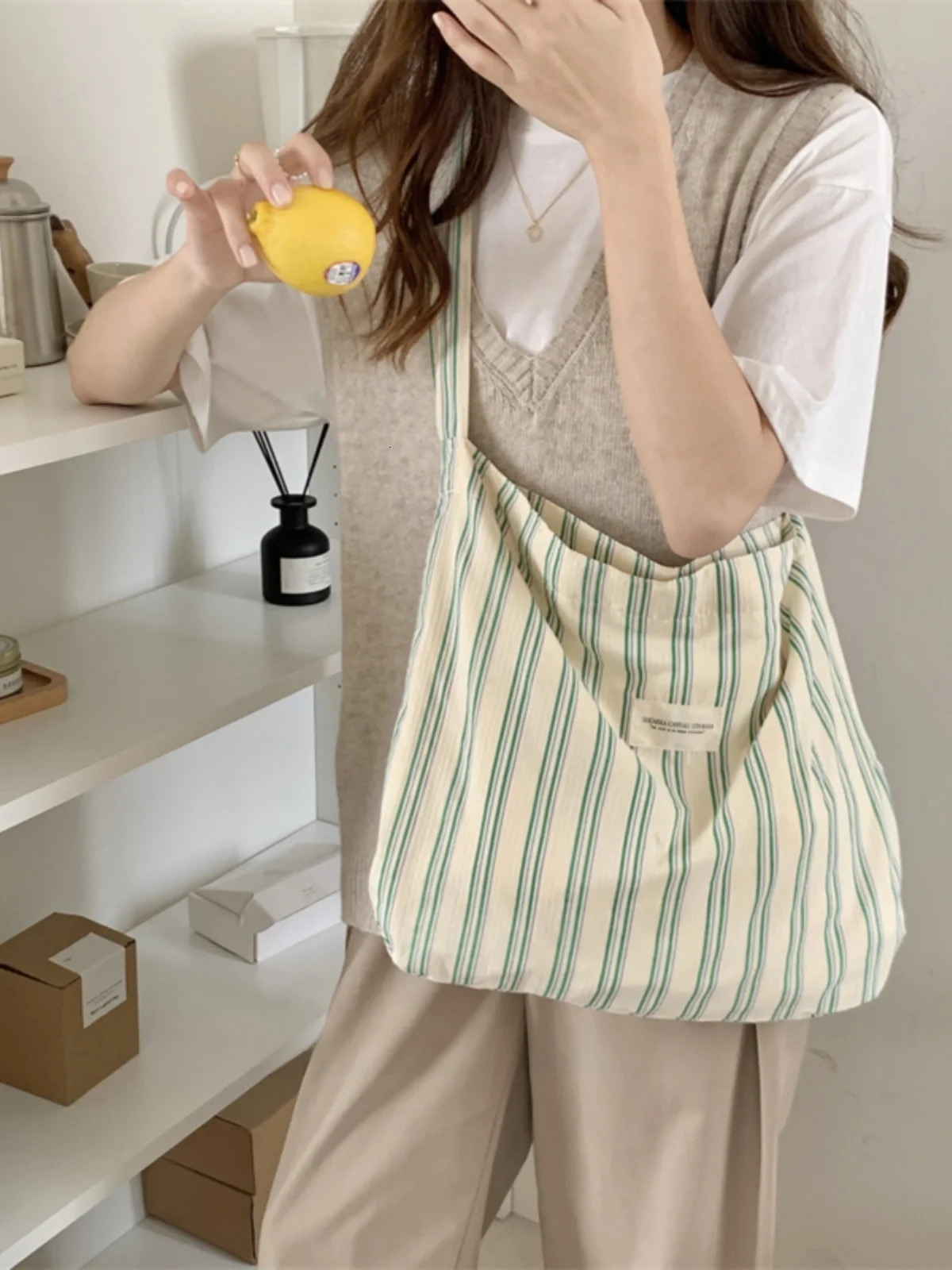 Japanese Sle Striped Canvas Tote Bag Single oulder Large Capaci Underarm Bag for Women Going to Work Student Crossbody ... 250714