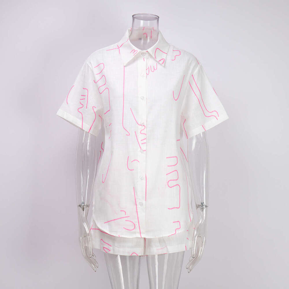 Short Sleeve Shirt And Shorts For Women Summer Casual Letter Abstract Line Print Two-Piece Set B5