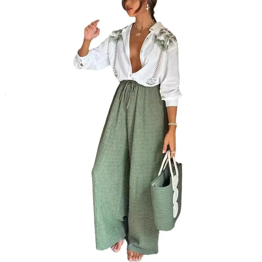 Women 2pcs Clothes Set Long Sleeve Floral Flower Single Breasted Shirt Top High Waist Wide Leg Pants 250715