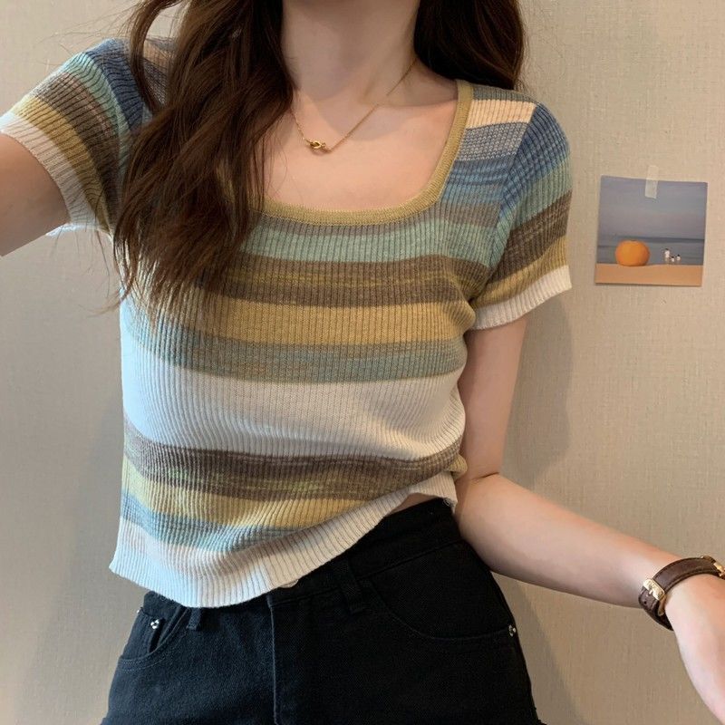 Summer New Women S T Shirt Rainbow Striped Square Neck Regular Shoulder Knit Short Sleeve For Thin Design Sense Pure Desire Sweet Spicy Top Ins Design