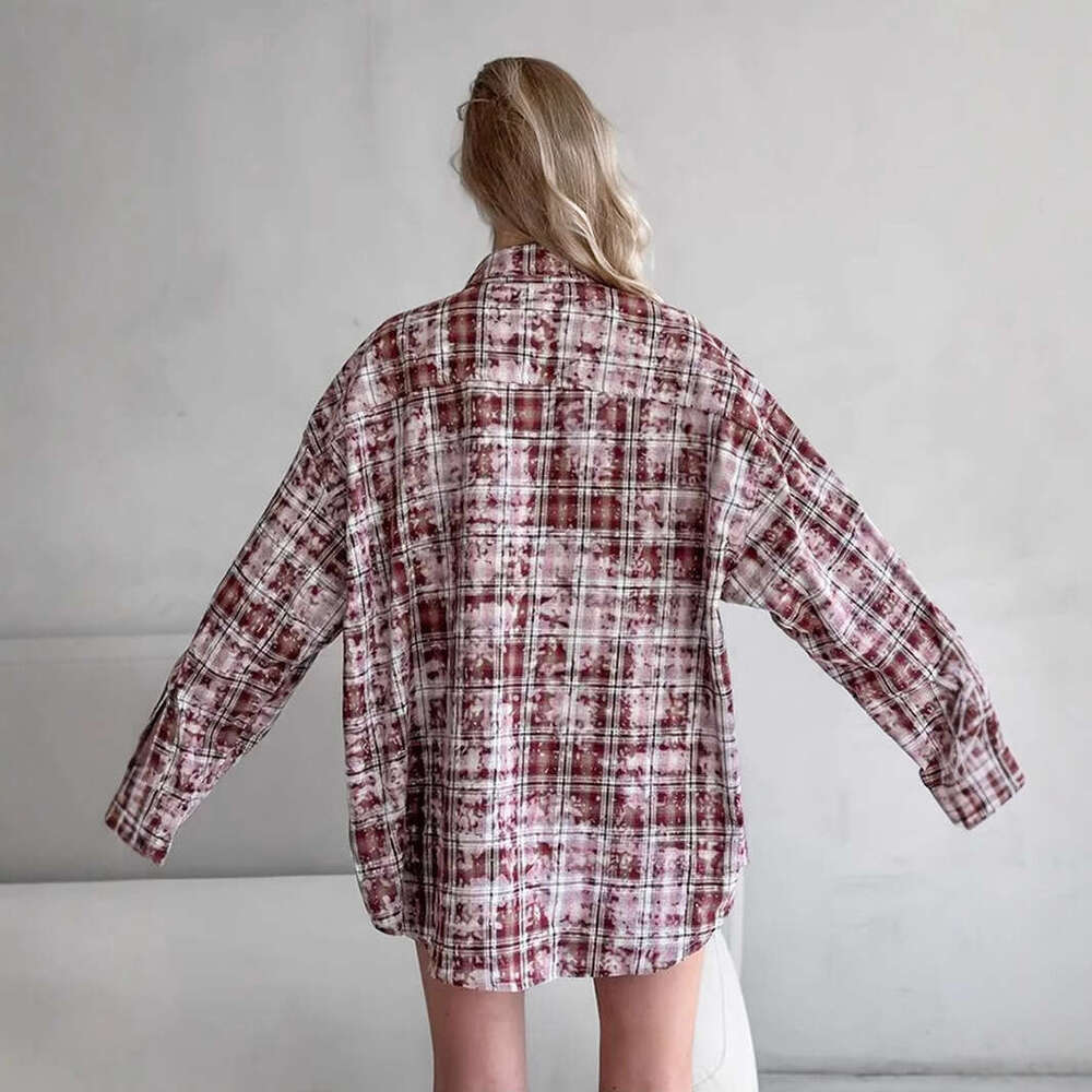 Long Sleeve Spring Summer New Style Outerwear Personality Street Vintage Plaid Shirt B5