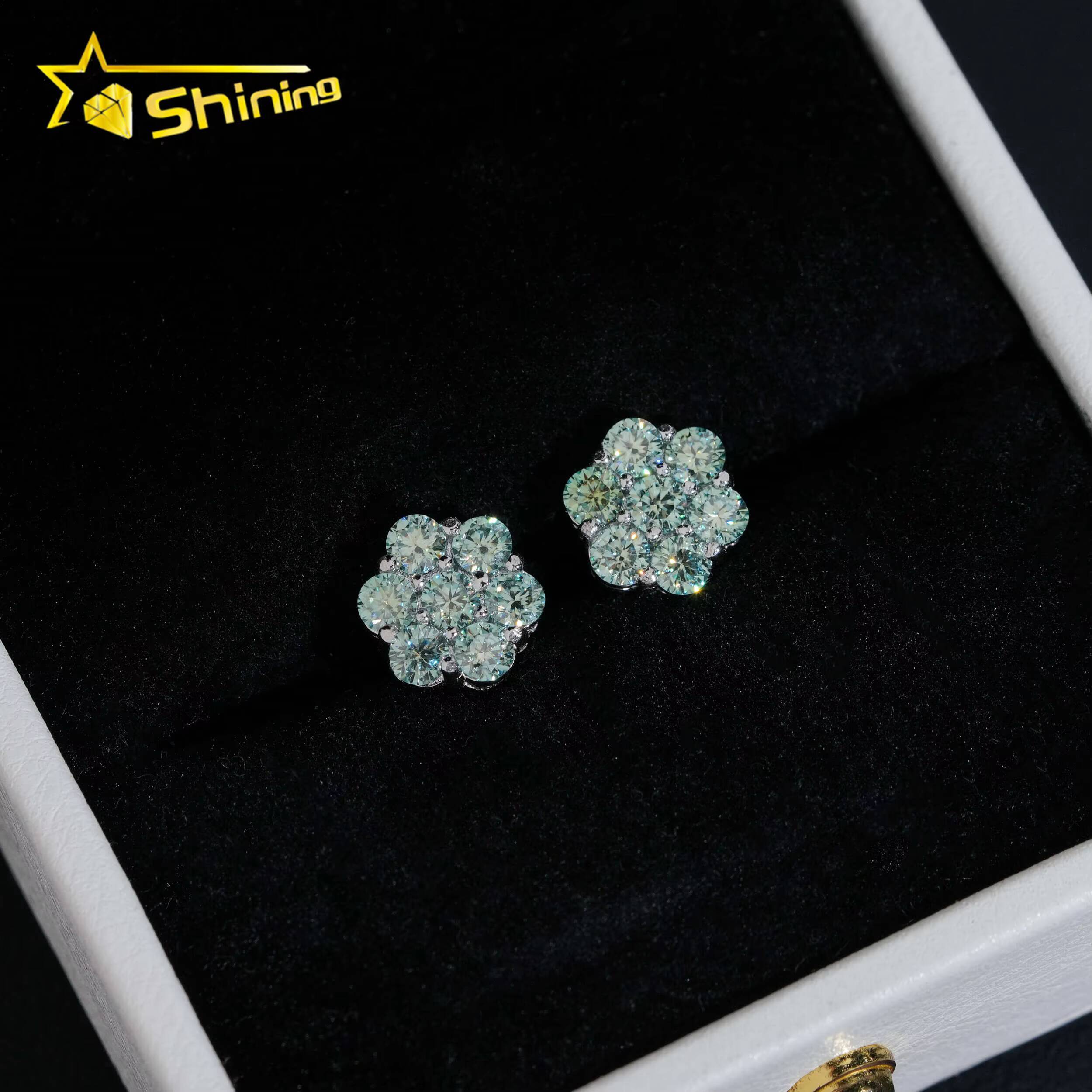 Ready to Ship Stock Drop Shipping Mens Iced Out Hip Hop Sterling Silver 925 Screw Back Moissanite Flower Cluster Stud Earrings