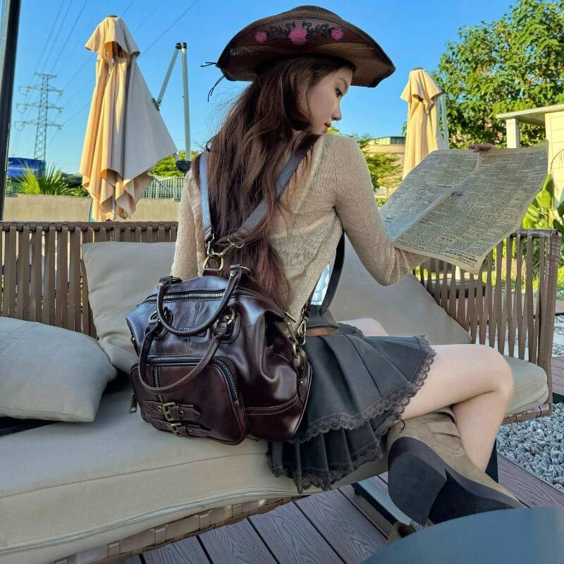 Vintage Leather Handle Women Backpacks Retro Brown Large Capacity Purse Ladies Hot Girls Y2k Bags Schoudertassen Dames Groot