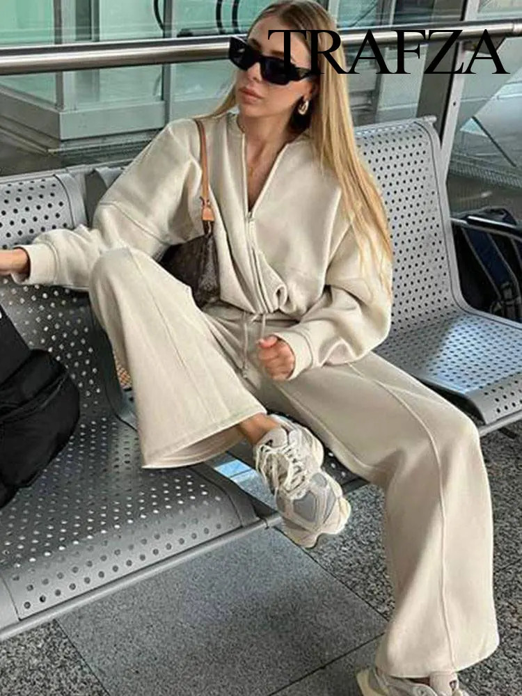 TRAFZA Womens 2-piece Retro Solid Color Zipper Bomber Jacket Sweatshirt High-waisted Lace-up Womens Loose Velvet Pants Suit 250715