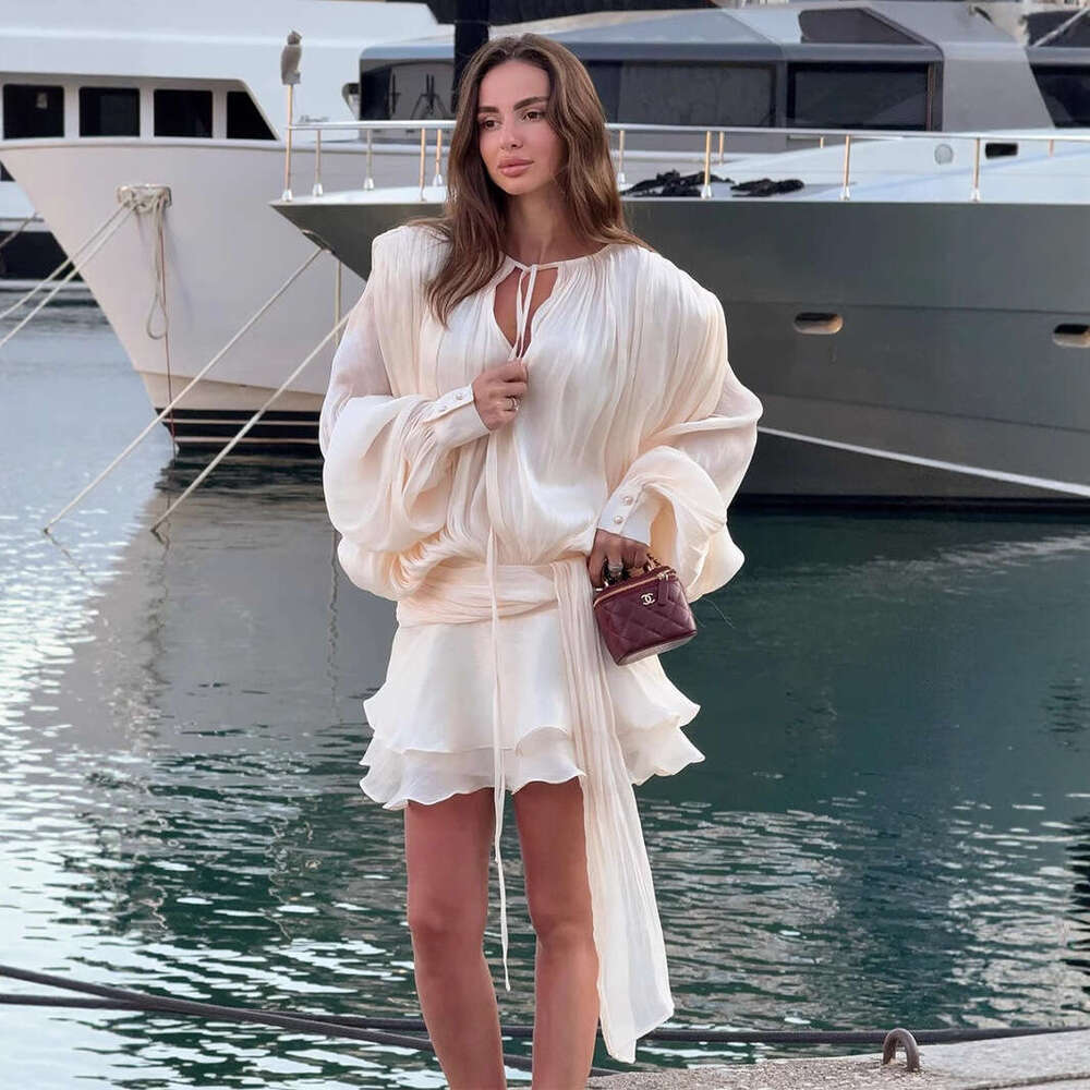 Chiffon Long Summer New Lantern Sleeve Tie Short Ruffle Dress B5