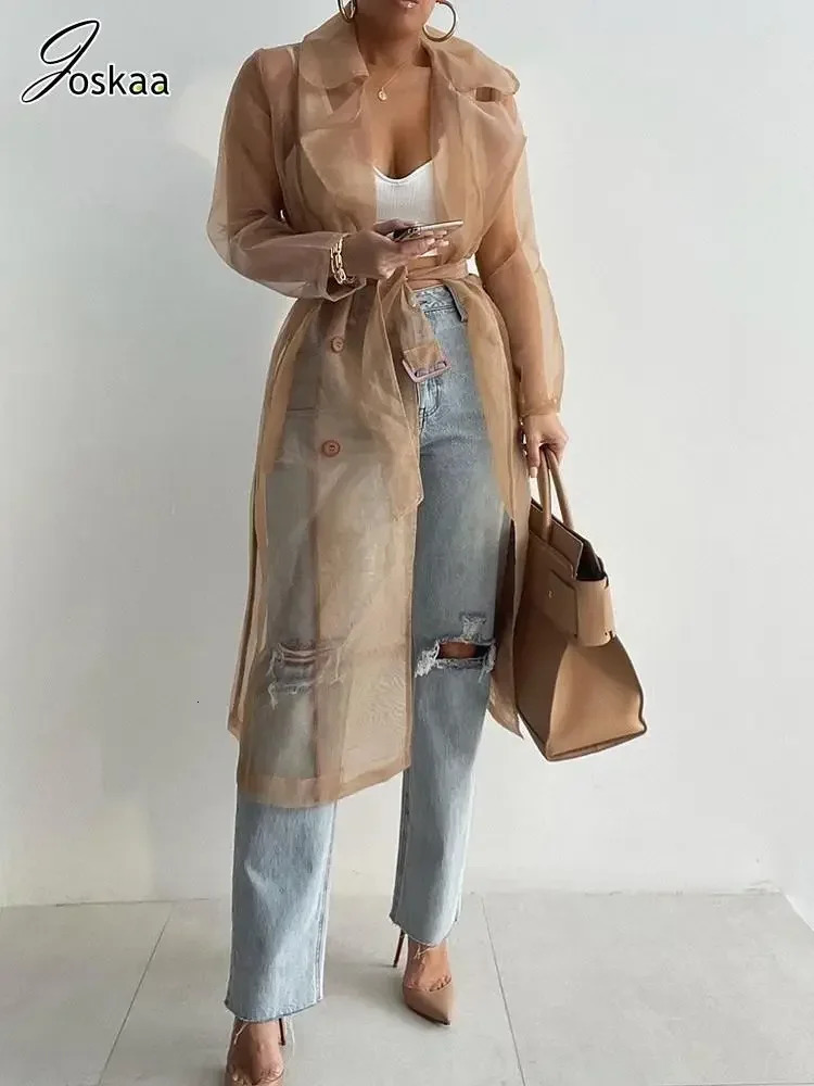 Joskaa Solid Organza See Through Lapel Full Sleeve Trench Summer Women Fashion Buttoned Coat with Belt Elegant Shirts 250715