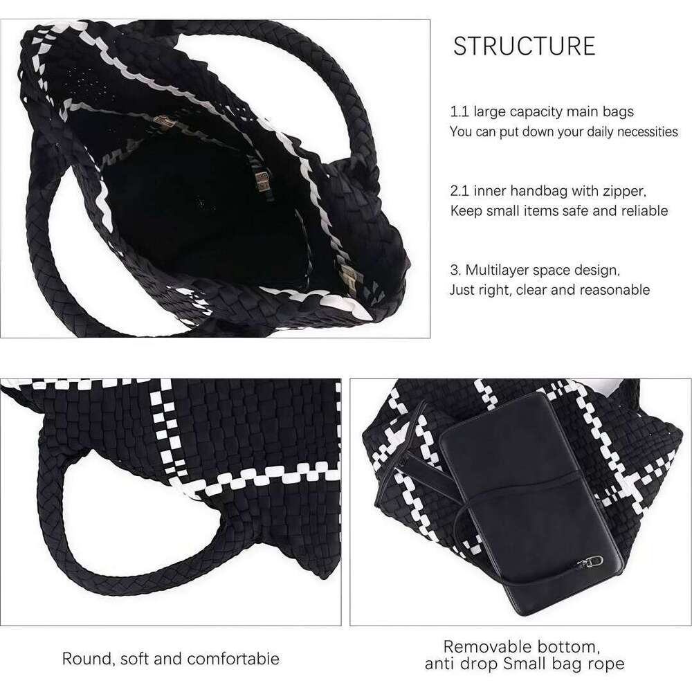 Woven for Women, Summer Beach Handbag Purse Retro Handmade Travel Shoulder Set Neoprene Weave Tote Bag