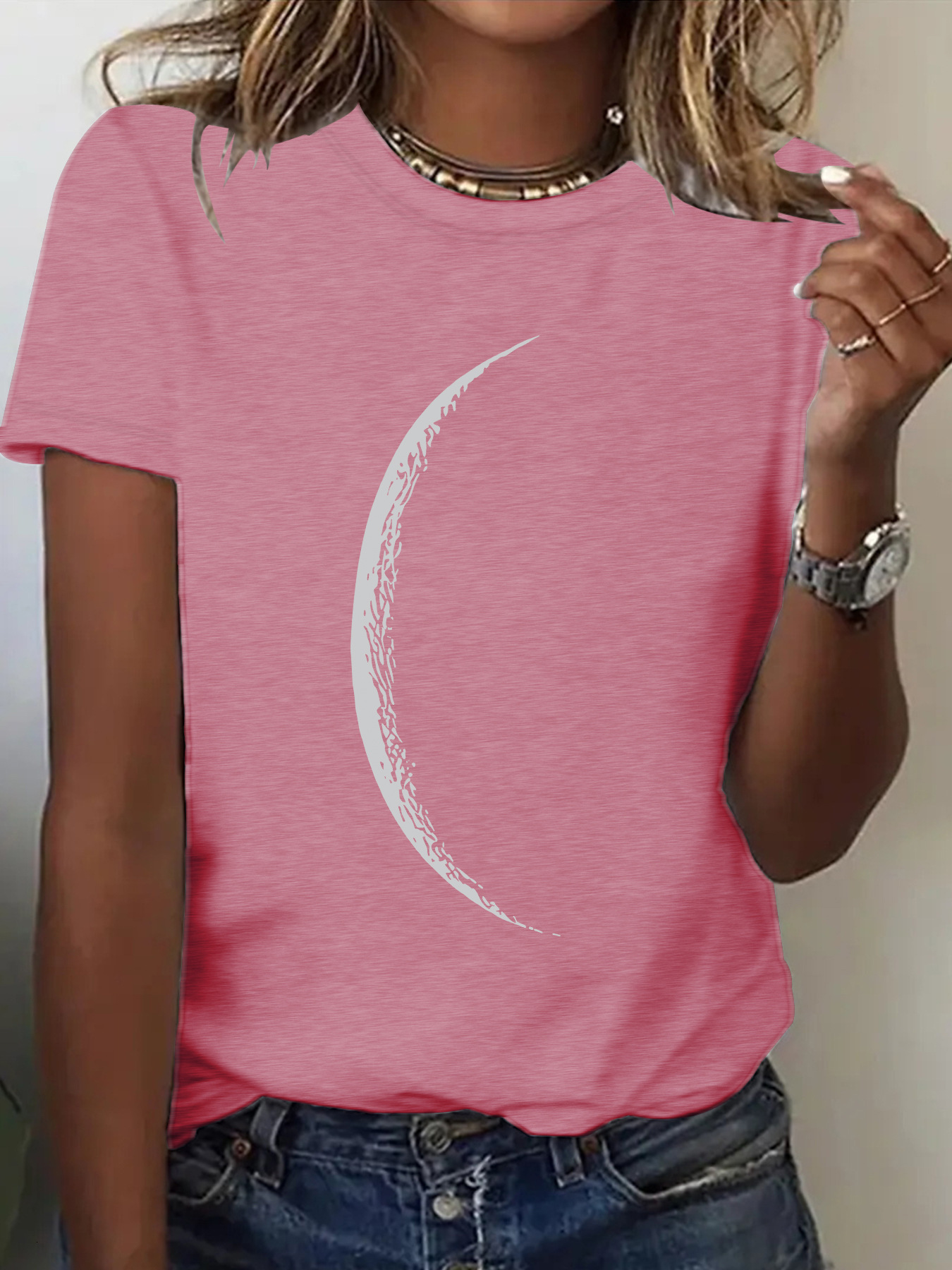 Round Neck Top Women Summer High-end Moon Pattern Print T-shirt Loose Short Sleeve