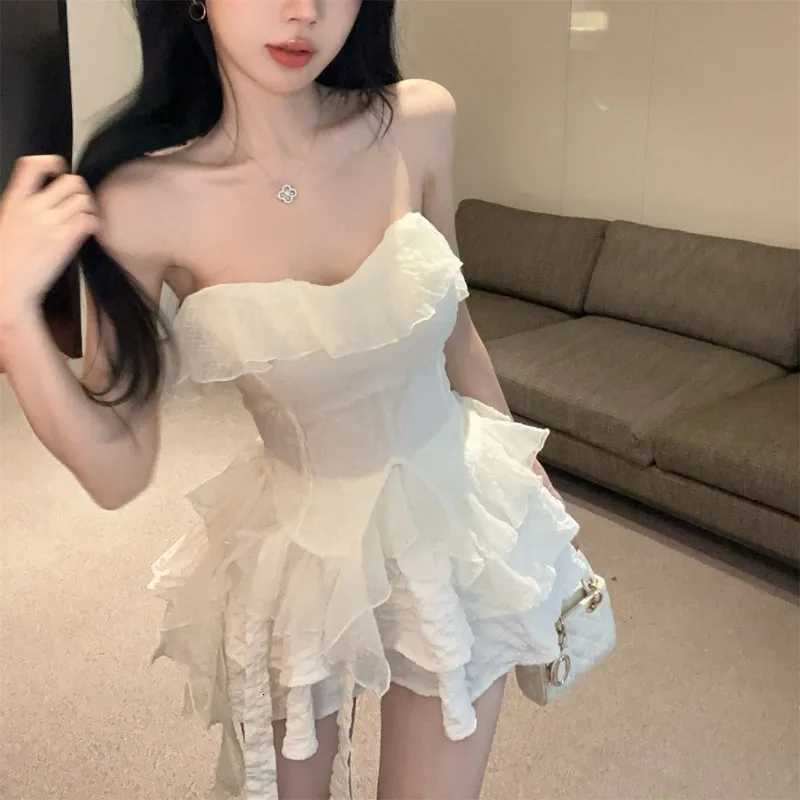 Women Sexy Off Shoulder Ruffle Asymmetrical Blouses Summer Sweet Chic Sleeveless Chiffon Shirts Solid Slim Fit Fairy Party Tops R250716