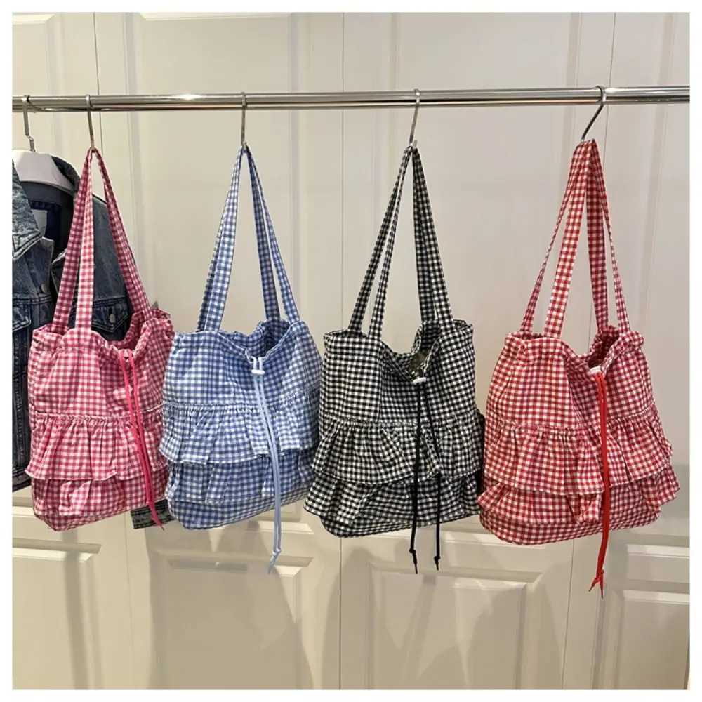 Casual Korean Style Lotus Leaf Shoulder Bag Large Capacity Bag Portable Cloth Plaid Tote Bag Storage Bag