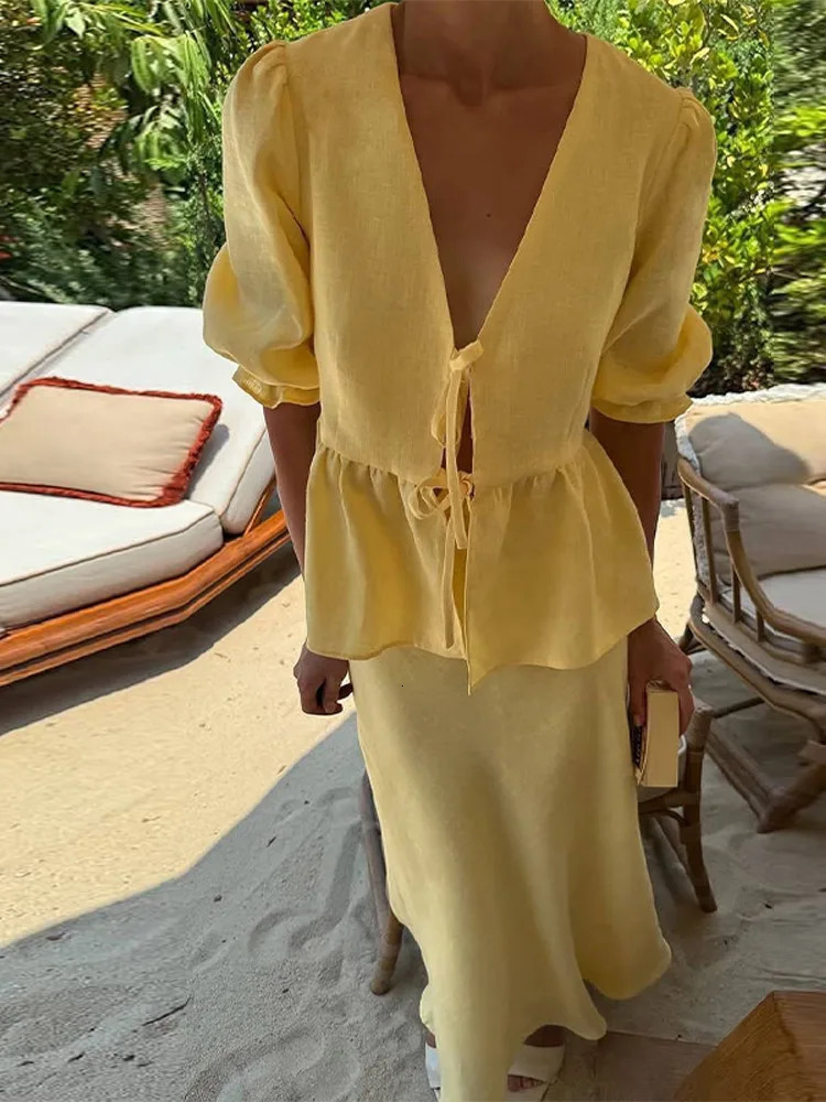 Womens Two Piece Long Skirts Set Puff Sleeve Tie- Front Peplum Top Slim Fit Maxi Skirt Summer Elegant Casual Daily Outfit 250715