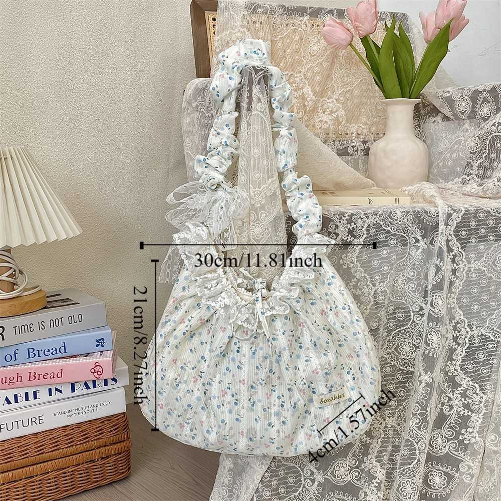 Elegant Sweet Fresh Lace Handbag Bowknot Underarm Bag Floral Pleated Shoulder Bag Pastoral Style Cloth Dumpling Bag Shopping