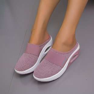 Plus Size Backless Slip-On Women's Lazy Thick Sole Air Cushion Hollow Mesh Breathable Closed-Toe Half Mules Shoes