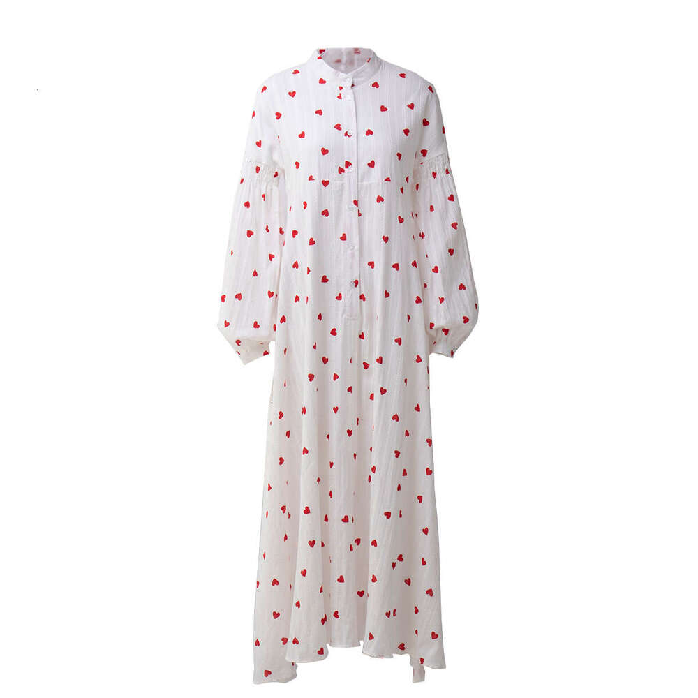 Heart Print For Women Spring Summer Patchwork Long Lantern Sleeve Pure Cotton Flared Dress B5