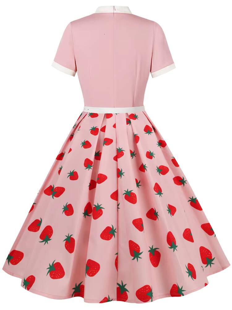 Polka Dot Print Patchwork Vintage Style A Line Swing Flare Dress Short Sleeve Red Pink Black 1950s Summer Holiday Casual Dresses dongdumaoyi