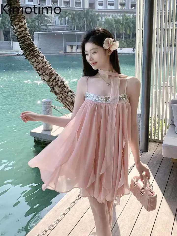 Kimotimo Luxury Sequin Suspender Ruffle Party Dress Women 2025 Summer Fairy Beach Vacation Backless Sleeveless Mini Dresses R250716