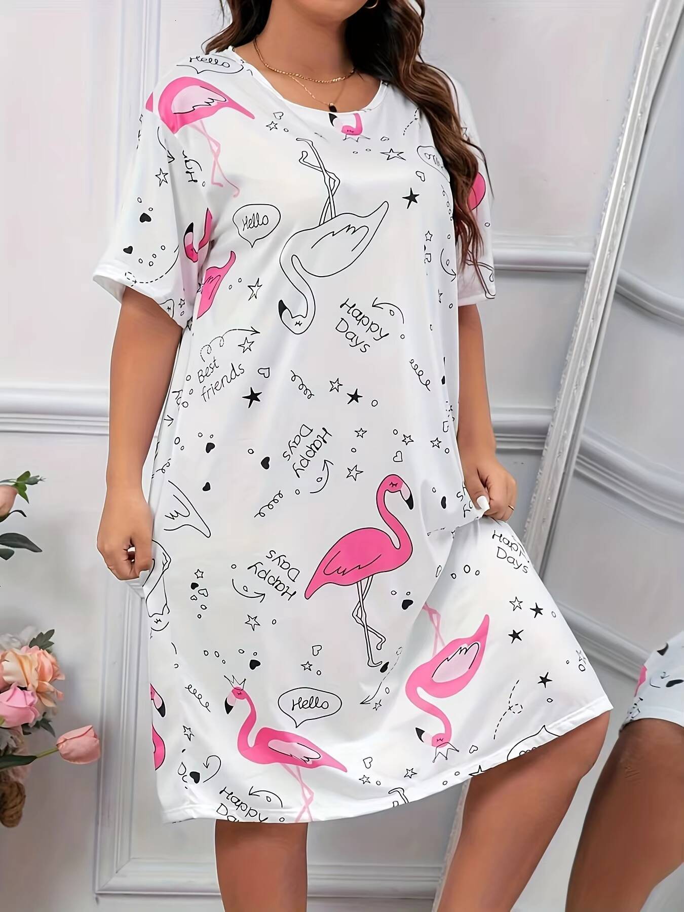 Womens Summer Loose Comfort Short Sleeve Fashion Casual Oversized Female Flamingo Print At Home Dress dongdumaoyi