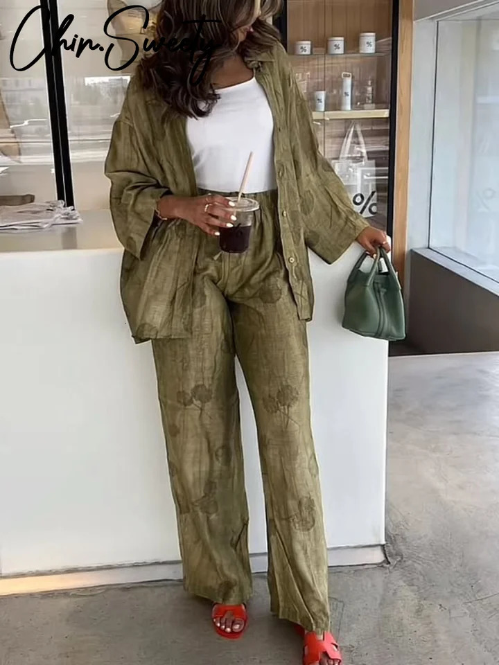 Casual Jacquard Shirt Pants Suit Women Lapel Half Sleeve Button Shirts Wide Leg Pant Suits Female Summer Lady Streetwear Set 250715