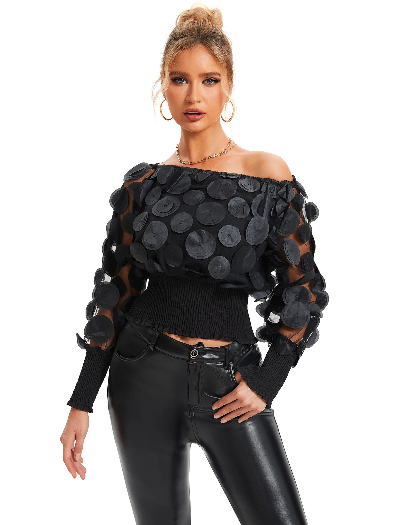 Applique Slant Shoulder Blouse Elegant Long Sleeve Blouse For Spring Fall Womens Clothing 250715