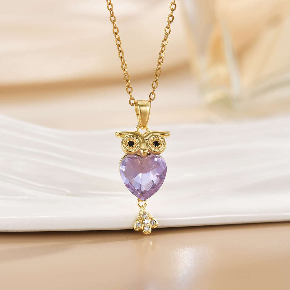 Micro-Inlaid Full Zircon Crystal Owl Pendant Necklace Titanium Steel Non-Fading Collarbone Chain B5a