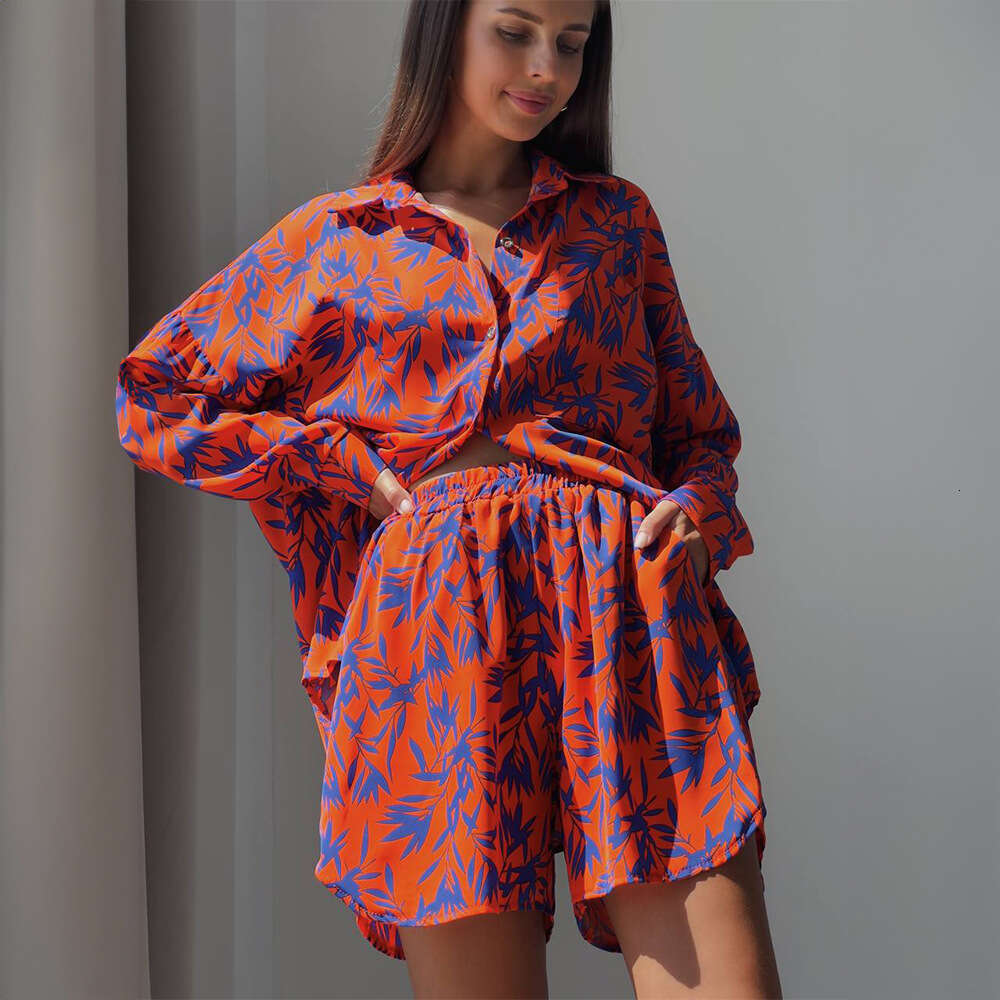 Summer Fashion Casual Orange Bamboo Leaf Printed Shirt Shorts Set B5