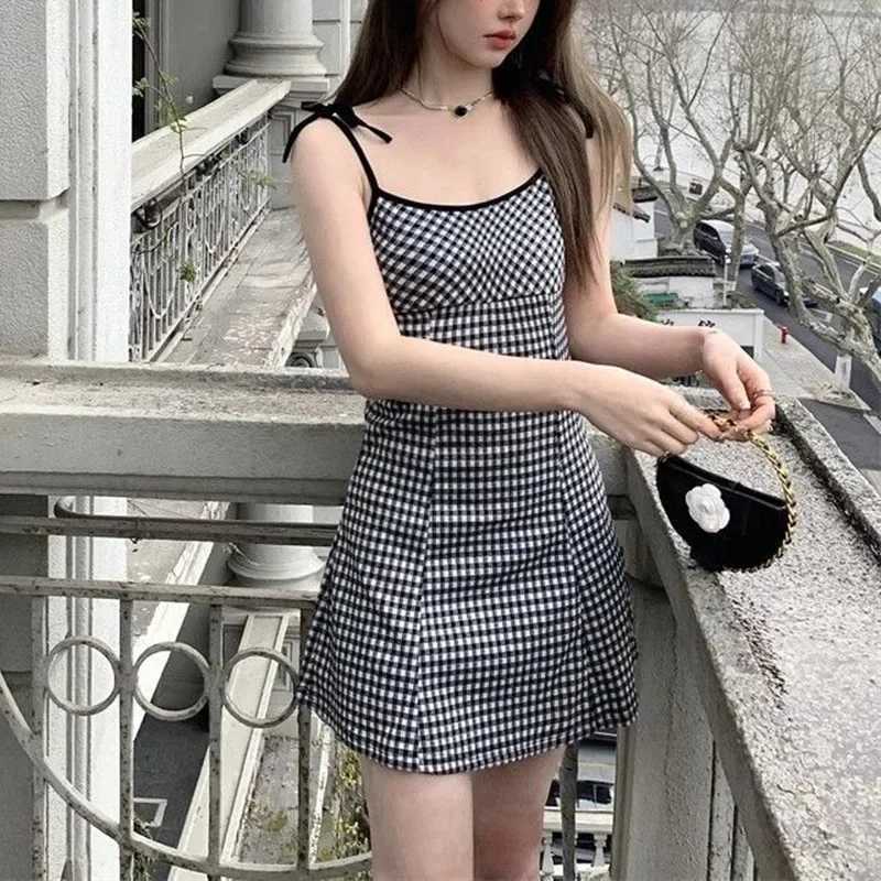 Summer Girls Sweet Red Plaid Slip Dress Lady Korean Designer Bowknots Slim Fit Skirts Female Beach Vacation A-line Short Dress R250716