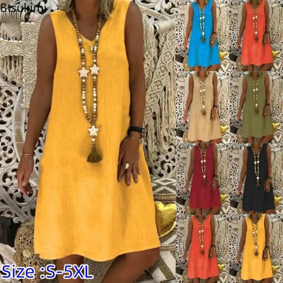 2025 Womens Summer Tank Solid Oversized Female Cotton Linen V Neck Sleeveless Beachwear Casual Dress Vestidos S-5XL dongdumaoyi